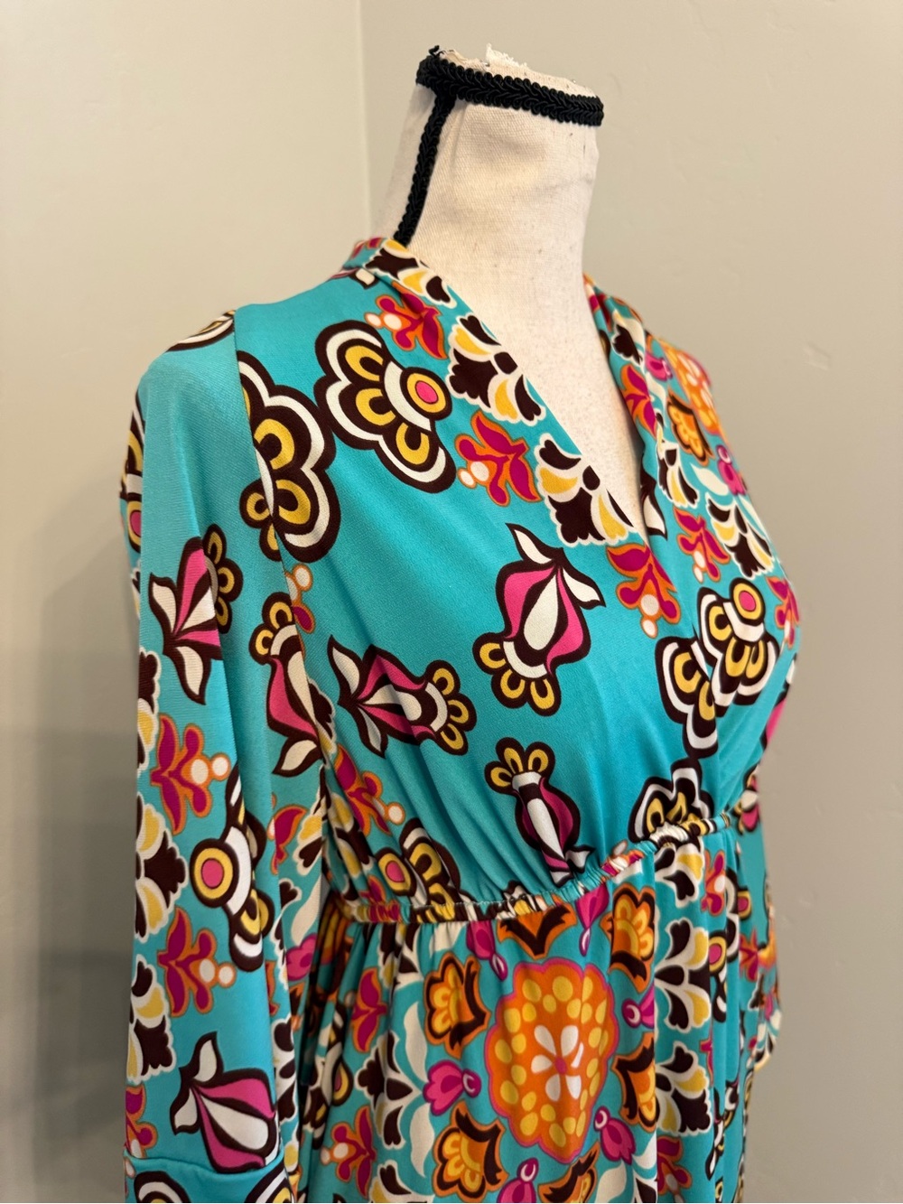 Judith March Boho Empire Waist Midi Dress Large Turquoise Retro Floral Made USA - Picture 9 of 12